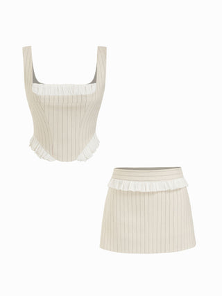 Linen-blend Stripe Square Neck Ruffled Top & Low Rise Mini Skirt Set