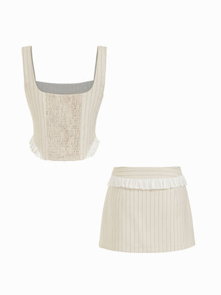 Linen-blend Stripe Square Neck Ruffled Top & Low Rise Mini Skirt Set