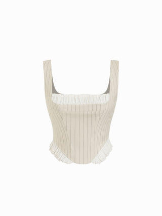 Linen-blend Stripe Square Neck Ruffled Top & Low Rise Mini Skirt Set