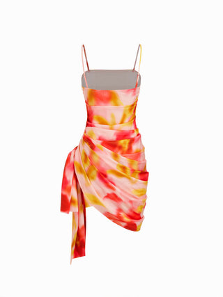 Square Neck Floral with Side Sash Midi Dress