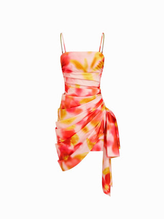 Square Neck Floral with Side Sash Midi Dress