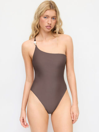 High Stretch Asymmetrical Neck Bead Detail One Piece Swimsuit