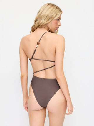 High Stretch Asymmetrical Neck Bead Detail One Piece Swimsuit