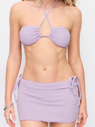 Halter Neckline Textured Ring Linked Bandeau Tie Side Bikini Set With Skirt