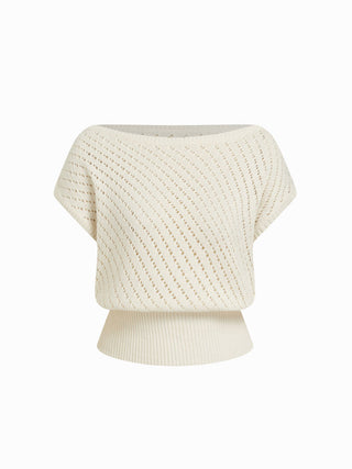 Knit Cotton-blend Pointelle Asymmetrical Neck Oversized Top