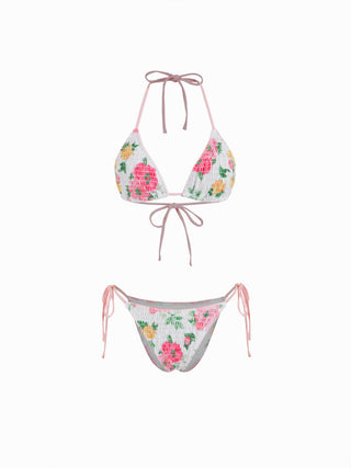 Halter Neckline Floral Triangle Backless Tie Side Bikini Set