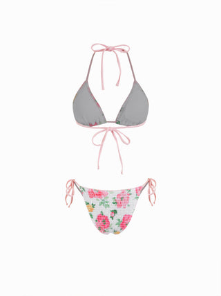 Halter Neckline Floral Triangle Backless Tie Side Bikini Set