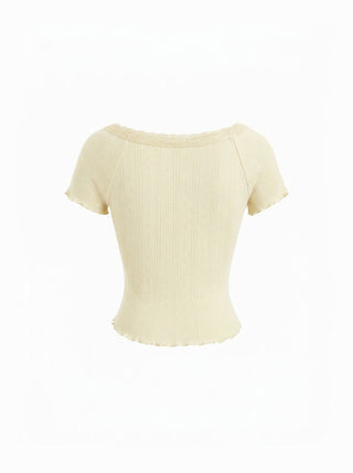 Cotton Textured V-neck Ruched Lace Lettuce Trim Short Sleeve Tee