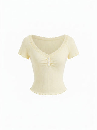Cotton Textured V-neck Ruched Lace Lettuce Trim Short Sleeve Tee