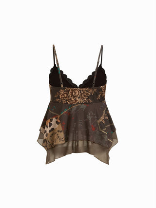 Mesh Aztec V-neck Lace Trim Layered Hanky Hem Crop Cami Top