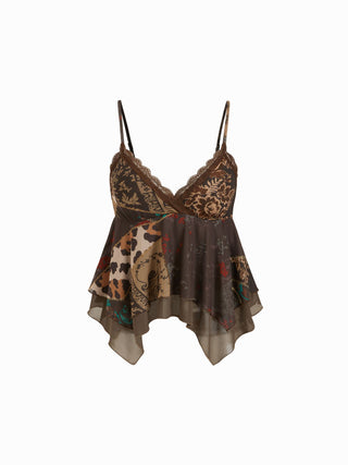 Mesh Aztec V-neck Lace Trim Layered Hanky Hem Crop Cami Top