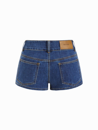Washed Stretch Denim Low Rise Floral Graphic Metal Detail Micro Shorts