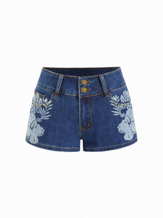 Washed Stretch Denim Low Rise Floral Graphic Metal Detail Micro Shorts