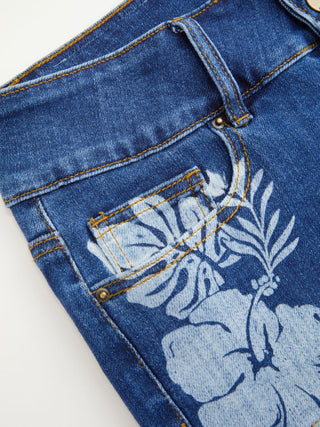 Washed Stretch Denim Low Rise Floral Graphic Metal Detail Micro Shorts