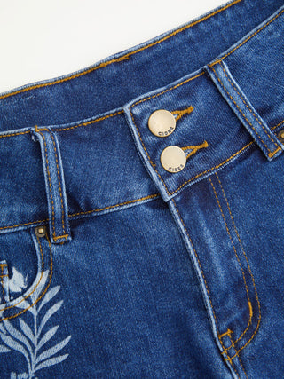 Washed Stretch Denim Low Rise Floral Graphic Metal Detail Micro Shorts