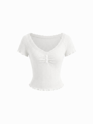 Cotton Textured V-neck Ruched Lace Lettuce Trim Short Sleeve Tee