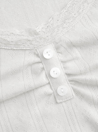 Cotton Textured V-neck Ruched Lace Lettuce Trim Short Sleeve Tee