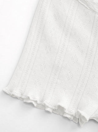 Cotton Textured V-neck Ruched Lace Lettuce Trim Short Sleeve Tee