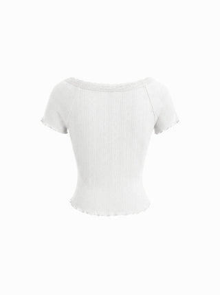 Cotton Textured V-neck Ruched Lace Lettuce Trim Short Sleeve Tee
