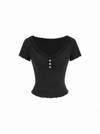 Cotton Textured V-neck Ruched Lace Lettuce Trim Short Sleeve Tee