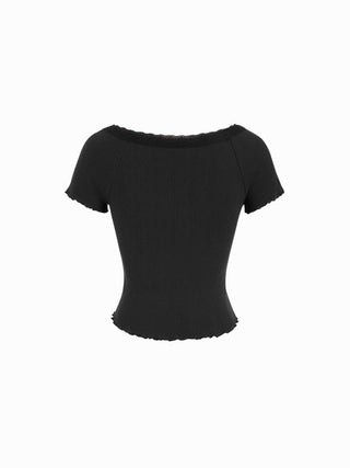 Cotton Textured V-neck Ruched Lace Lettuce Trim Short Sleeve Tee