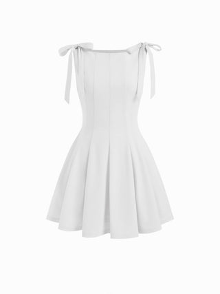 Bowknot Boat Neck Sleeveless Pleated Flared Mini Dress