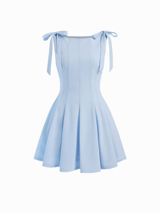 Bowknot Boat Neck Sleeveless Pleated Flared Mini Dress