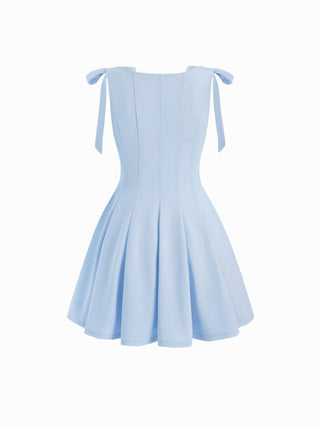 Bowknot Boat Neck Sleeveless Pleated Flared Mini Dress
