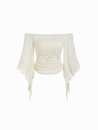 Lace Off-shoulder Bell Sleeve Ruched Ruffled Drawstring Top