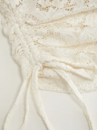 Lace Off-shoulder Bell Sleeve Ruched Ruffled Drawstring Top