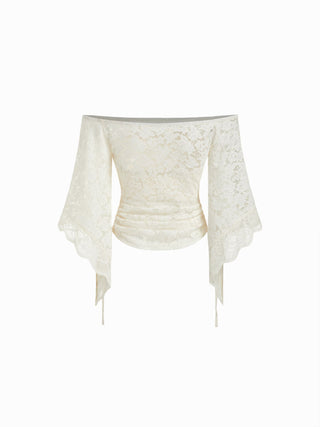Lace Off-shoulder Bell Sleeve Ruched Ruffled Drawstring Top