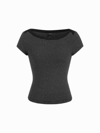 Knit Fabric Cotton-blend Striped Boat Neck Short Sleeve Tee For Daily Casual