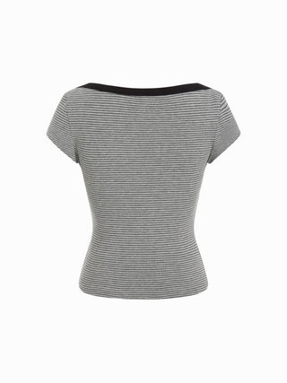 Knit Fabric Cotton-blend Striped Boat Neck Short Sleeve Tee For Daily Casual