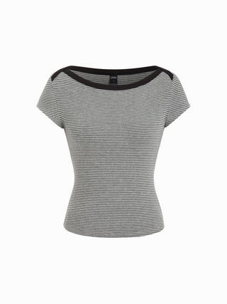 Knit Fabric Cotton-blend Striped Boat Neck Short Sleeve Tee For Daily Casual