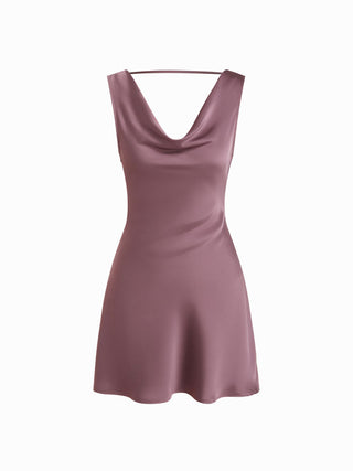 Satin Cowl Neck Backless Metal Detail A-line Mini Dress