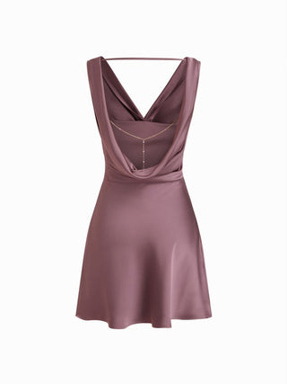 Satin Cowl Neck Backless Metal Detail A-line Mini Dress