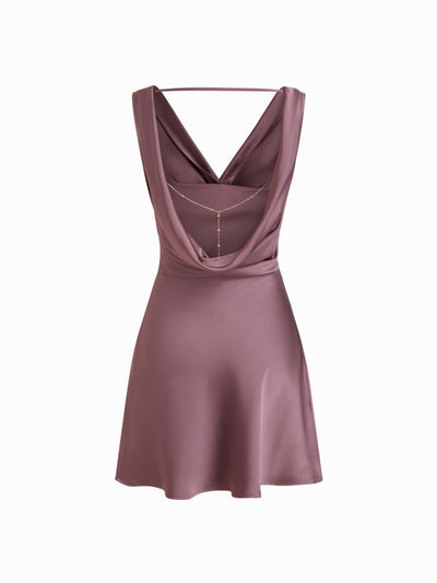 Satin Cowl Neck Backless Metal Detail A-line Mini Dress