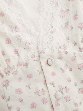 Cotton Floral V-neck Puff Sleeve Lace Trim Blouse