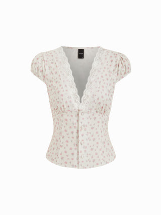 Cotton Floral V-neck Puff Sleeve Lace Trim Blouse