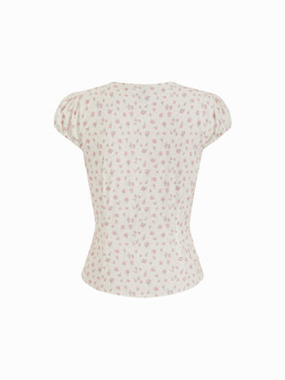 Cotton Floral V-neck Puff Sleeve Lace Trim Blouse