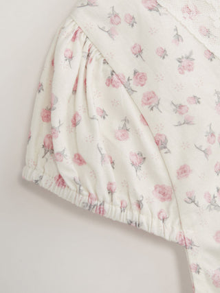 Cotton Floral V-neck Puff Sleeve Lace Trim Blouse