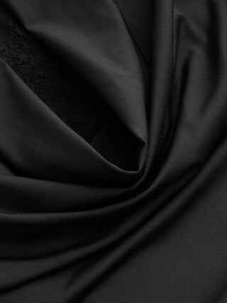 Cowl Neck Lace Panel Ruched Mermaid Midi Dress