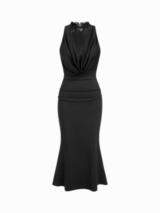 Cowl Neck Lace Panel Ruched Mermaid Midi Dress