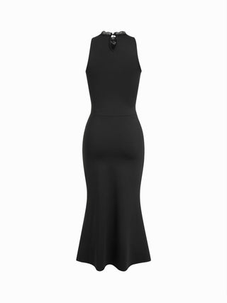 Cowl Neck Lace Panel Ruched Mermaid Midi Dress