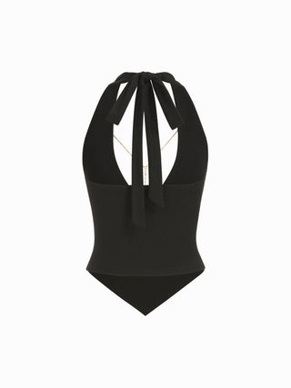 High Stretch Halter Neckline Chain Detail Asymmetrical Hem Crop Top