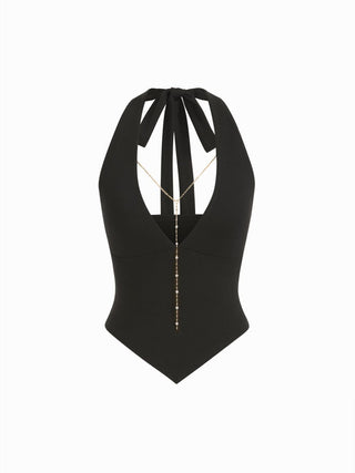 High Stretch Halter Neckline Chain Detail Asymmetrical Hem Crop Top