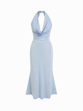 Textured Cowl Neck Lace Panel Mermaid Maxi Dress