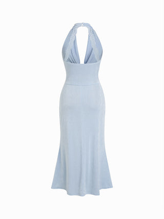 Textured Cowl Neck Lace Panel Mermaid Maxi Dress
