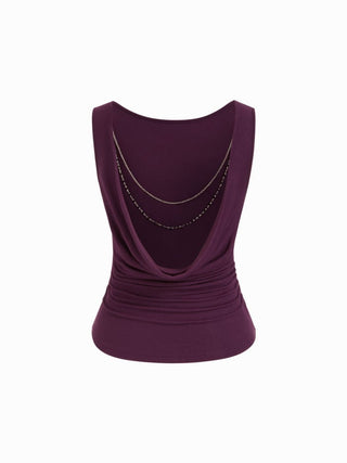 High Stretch Boat Neck Backless Chain Detail Draped Crop Tank Top