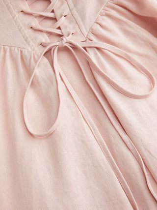 Linen-blend Sweetheart Neck Puff Sleeve Draped Lace Up Milkmaid Maxi Dress